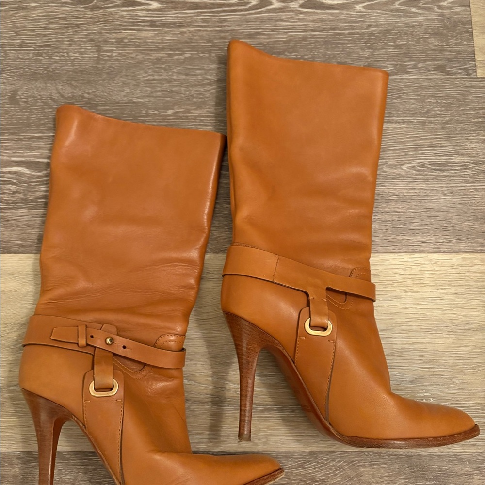Ralph Lauren Cognac Leather High-Heel Slouch Boots - Picture 3 of 9